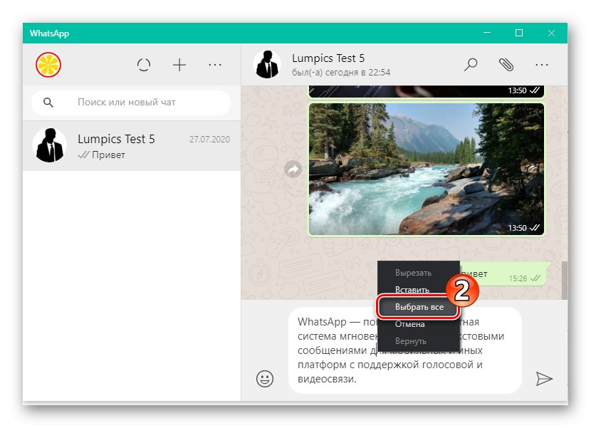 عنصر WhatsApp لنظام التشغيل Windows حدد الكل في قائمة سياق الرسالة المراد إرسالها