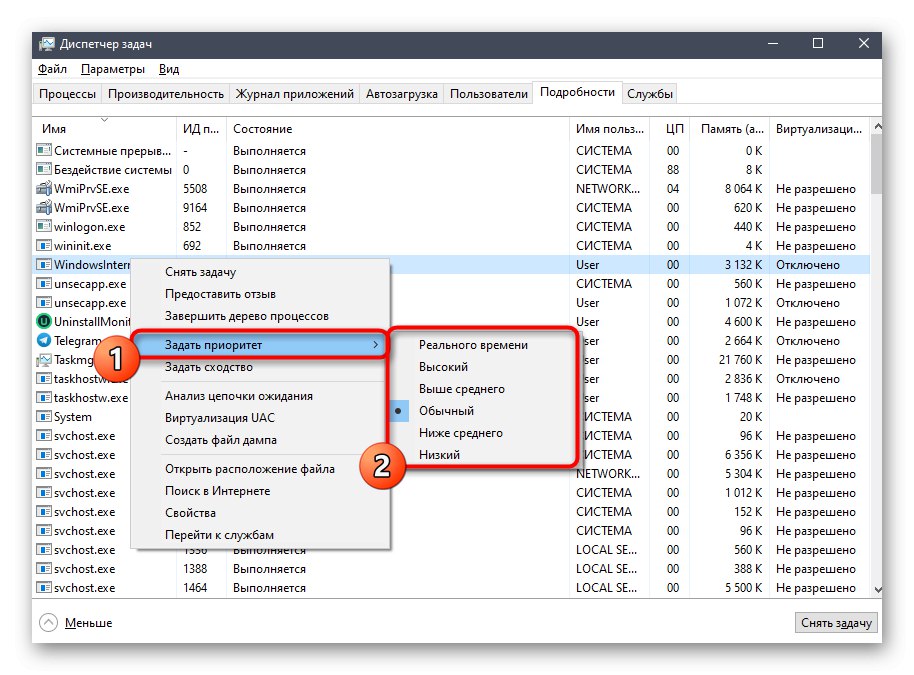 Změna priority procesu prostřednictvím standardní nabídky Správce úloh systému Windows 10