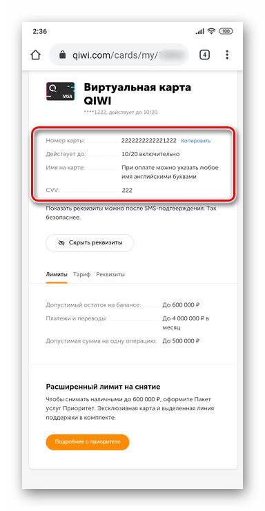 Stránka QIWI s údajmi o virtuálnej karte na webovej stránke systému