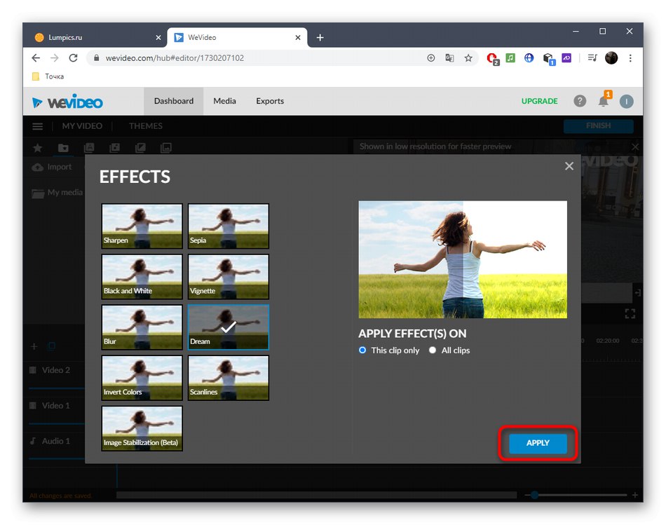 Застосування ефекту для освітлення відео через онлайн-сервіс WeVideo