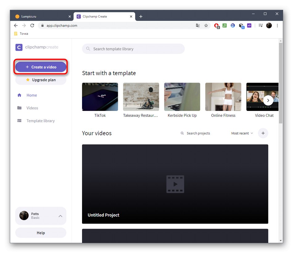 Перехід до створення проекту для освітлення відео через онлайн-сервіс Clipchamp Create