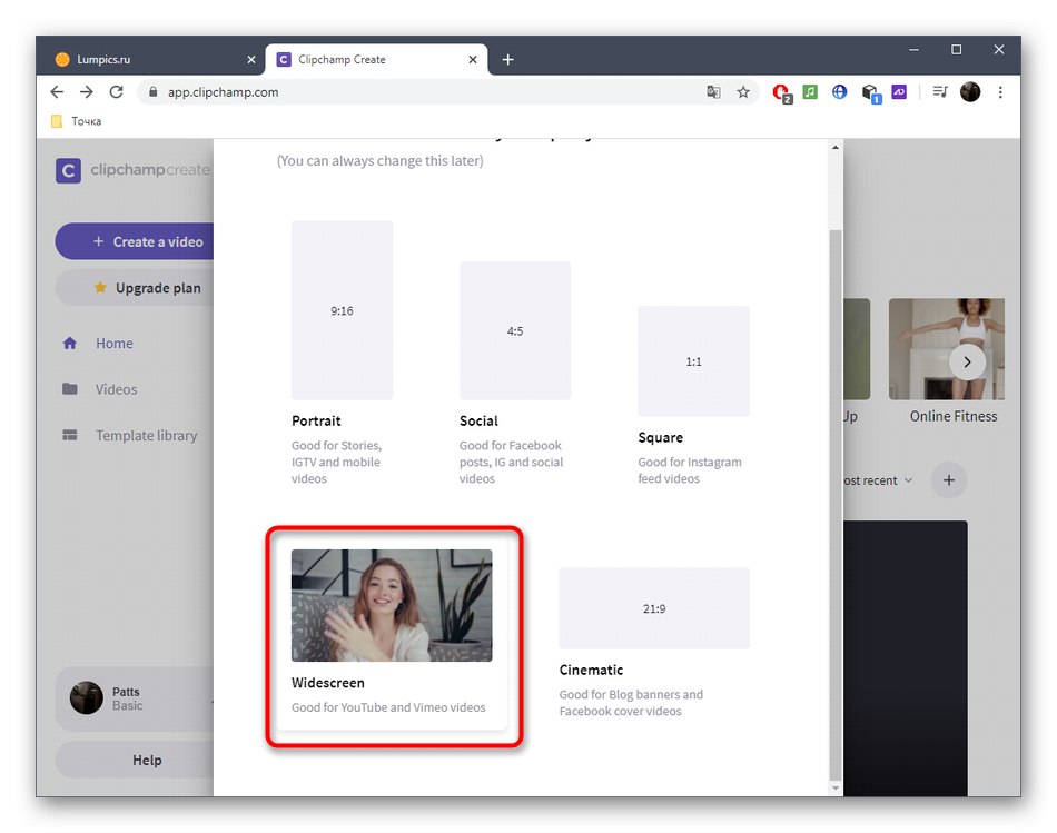 Вибір формату проекту для освітлення відео через онлайн-сервіс Clipchamp