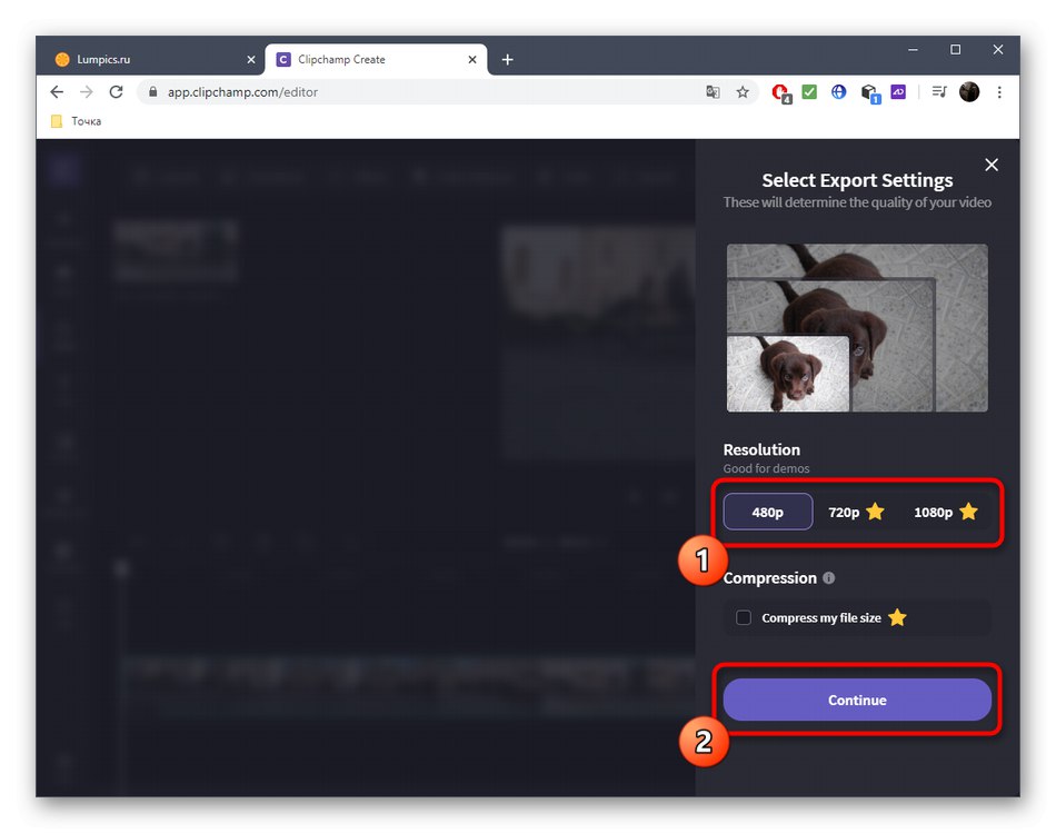 Вибір якості відео для експорту після настройки в Clipchamp