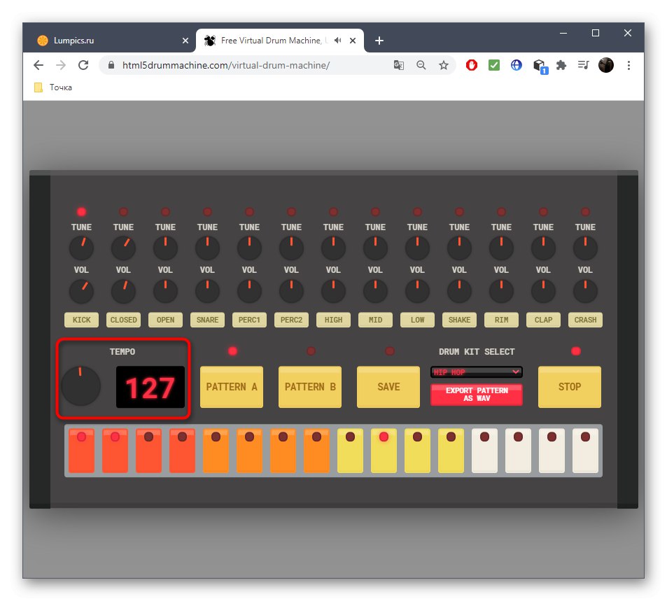 Задаване на темпото на beatbox при създаване на музика чрез онлайн услугата Virtual Drum Machine