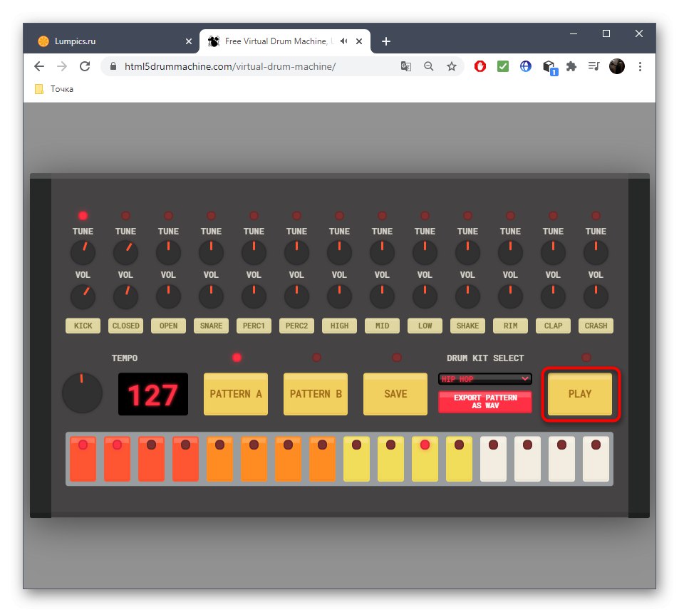 Възпроизвеждане на музика, когато е създадена чрез онлайн услугата Virtual Drum Machine