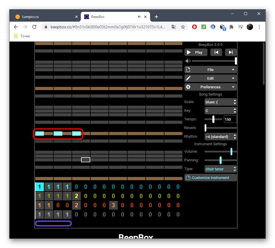 Поставяне на бележки при създаване на музика чрез онлайн услугата BeepBox