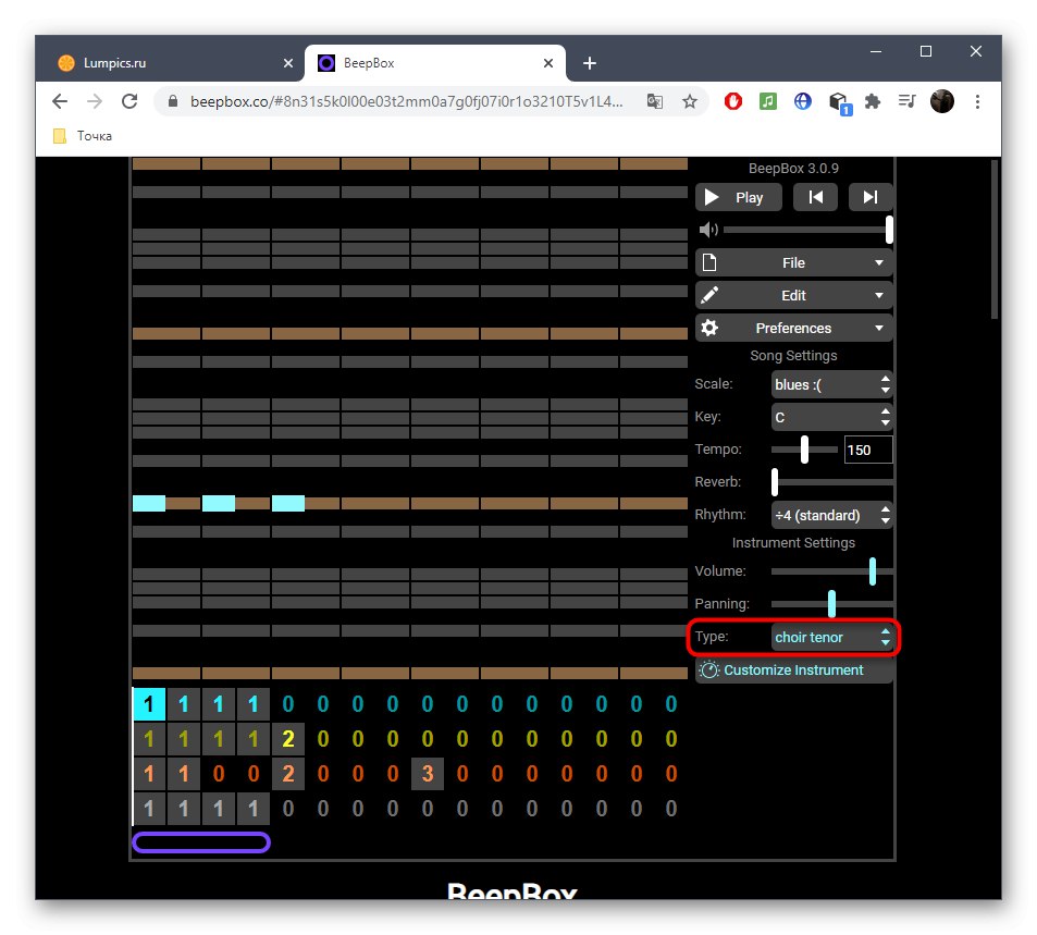 Избор на различни музикални инструменти при създаване на бийтбокс чрез онлайн услугата BeepBox