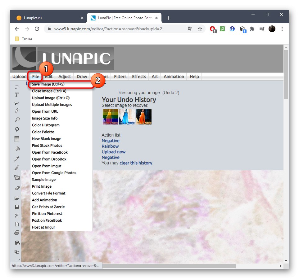 Преминаване към запазване на изображение след наслагване на негатив в онлайн услугата LunaPic