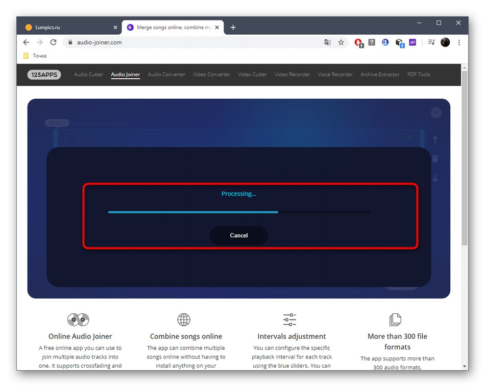 Процесът на залепване на песни чрез онлайн услугата Audio Joiner
