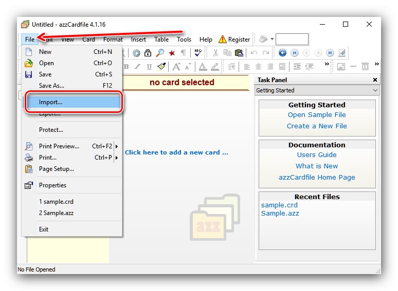 Začnite odpirati datoteko CRD v datoteki azzCard