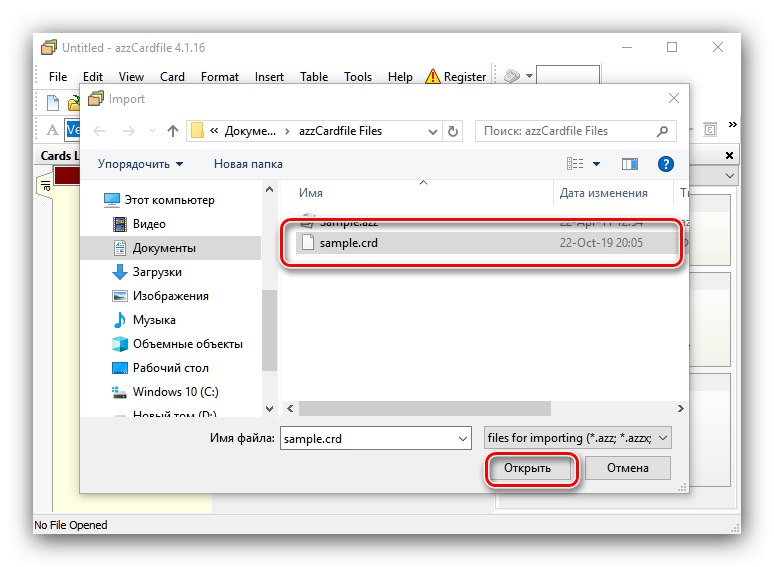 Uvozite datoteko CRD, da se odpre v datoteki azzCard