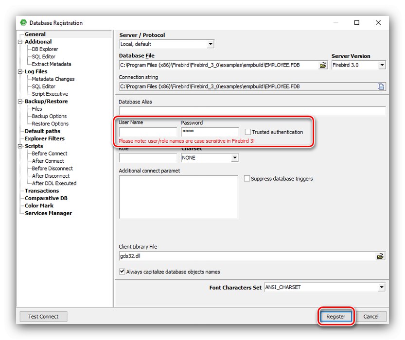 إعدادات إضافية وبدء تشغيل قاعدة البيانات في IBExpert لفتح ملفات FDB