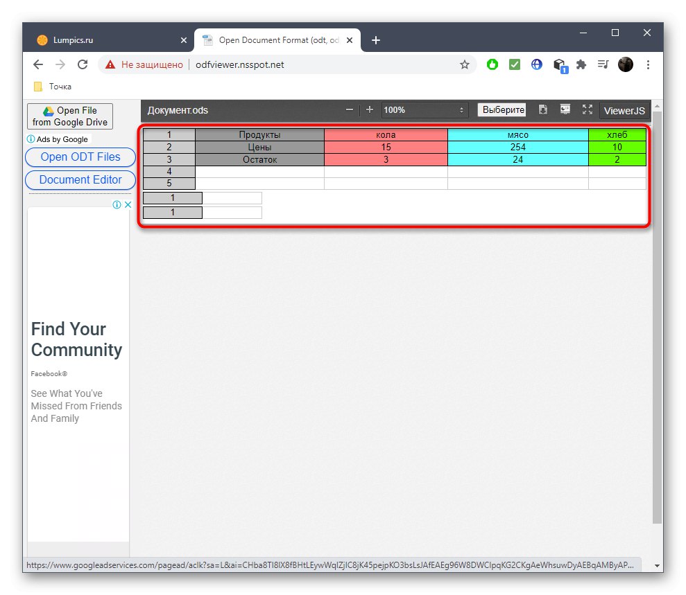 Ogled datoteke ODS prek spletne storitve Odfviewer