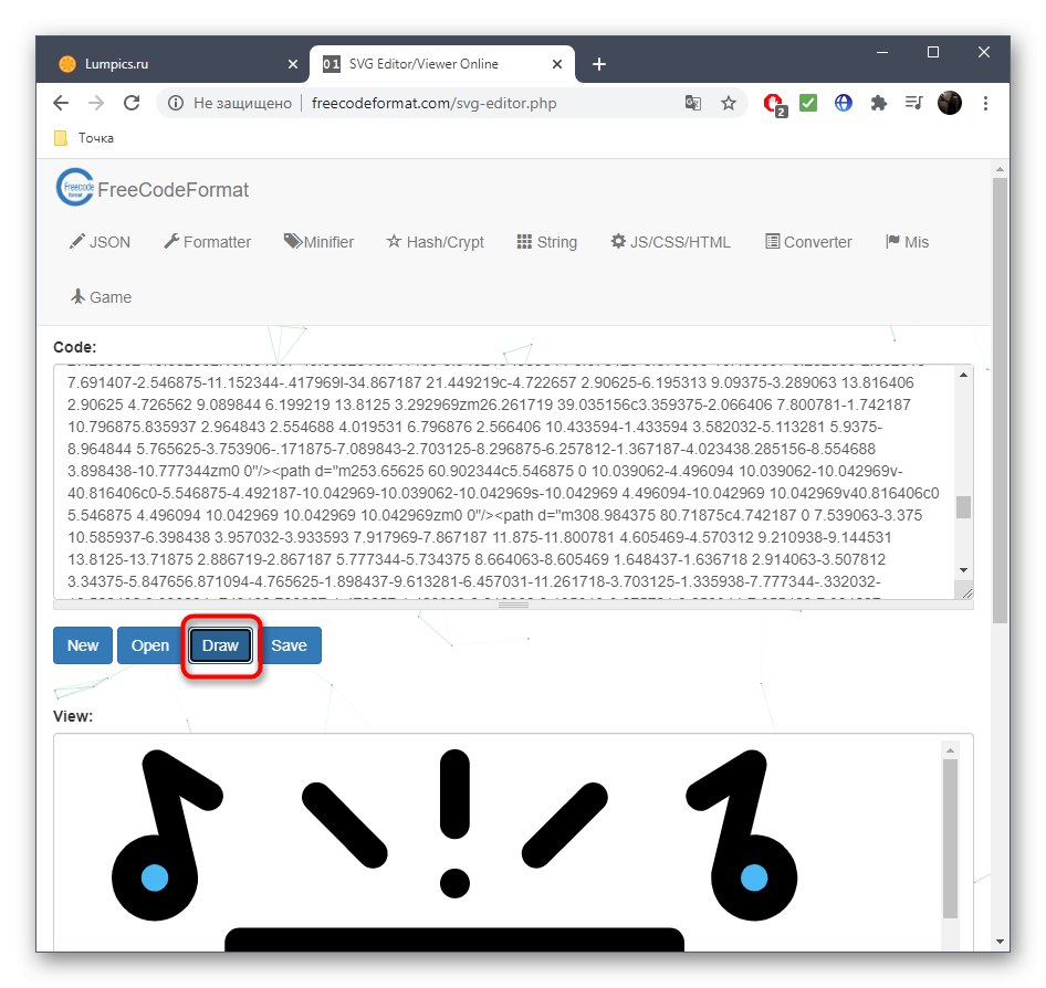 Прилагане на промени по време на редактиране на SVG чрез онлайн услугата FreeCodeFormat