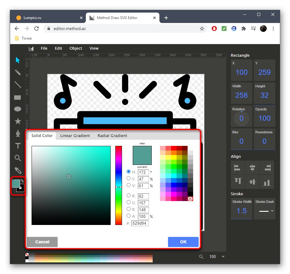 Палитра с цветове при редактиране на SVG чрез онлайн услуга Method