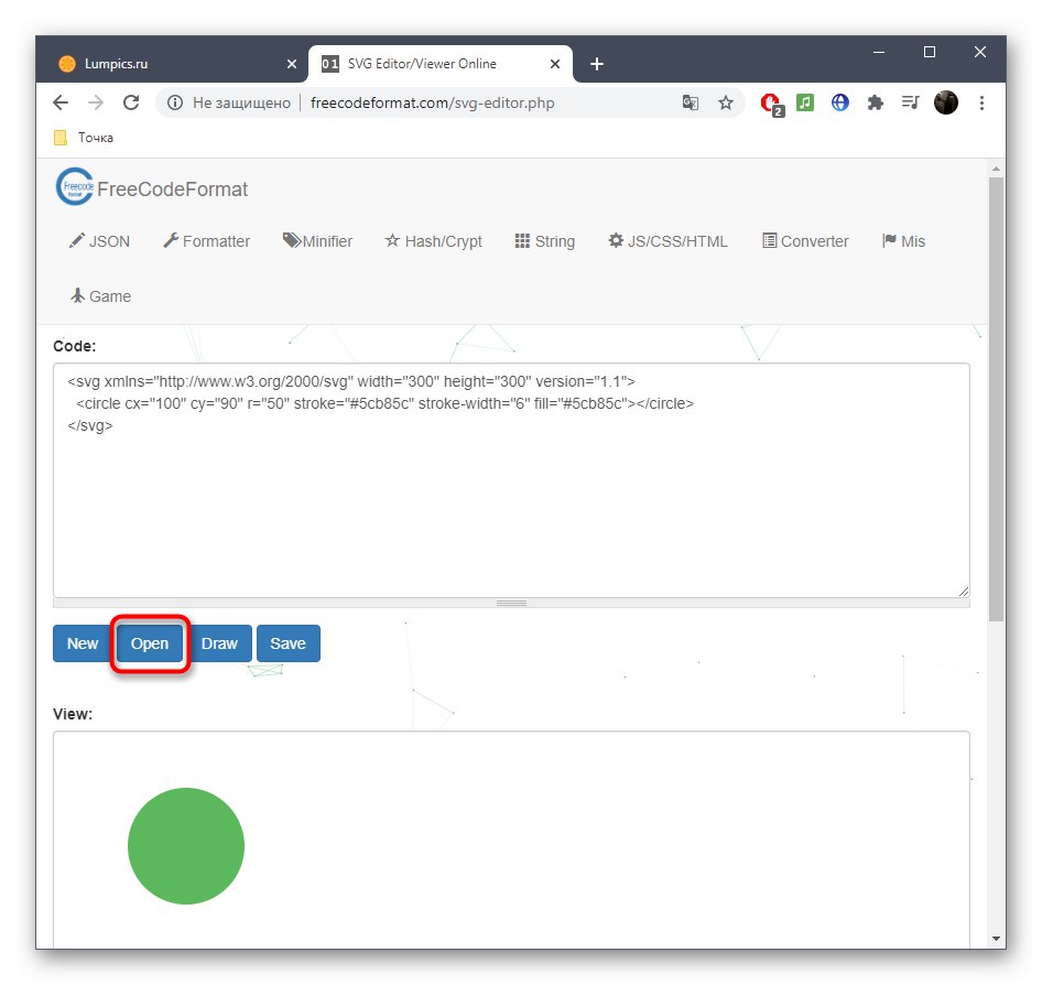 Отидете да отворите SVG файла чрез онлайн услугата FreeCodeFormat