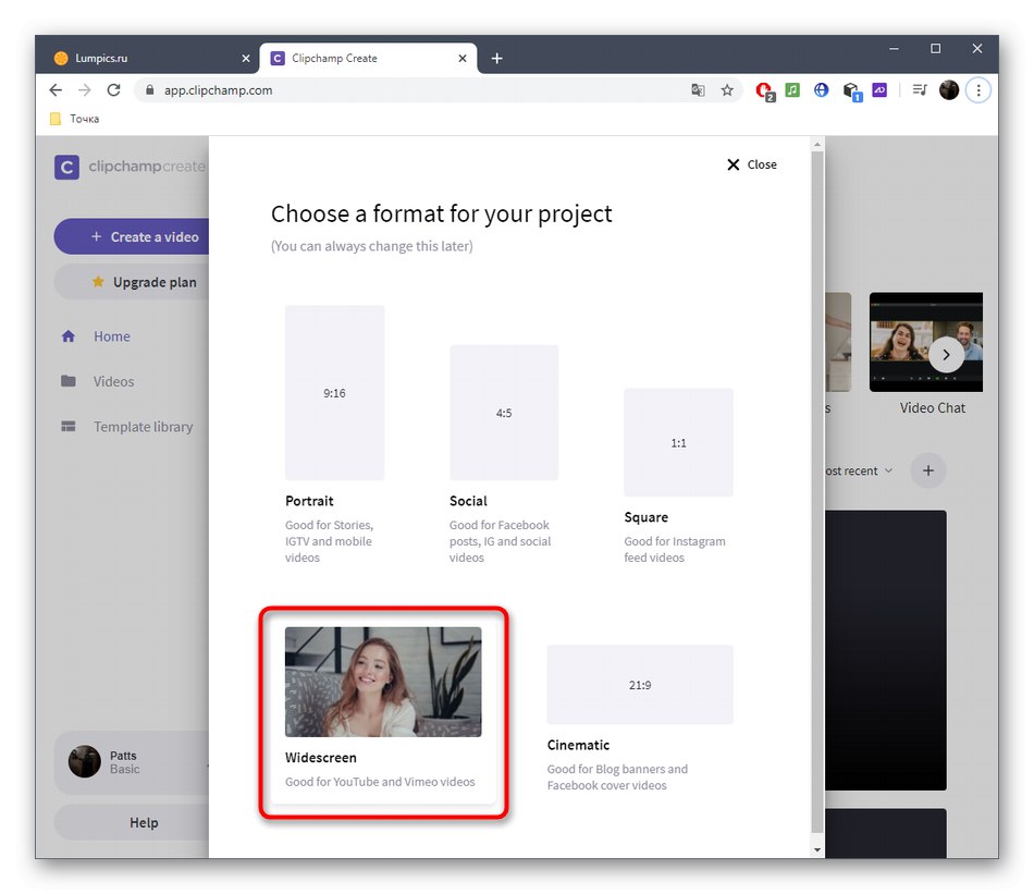 Wybór typu projektu w usłudze Clipchamp Create w celu nałożenia obrazu na wideo