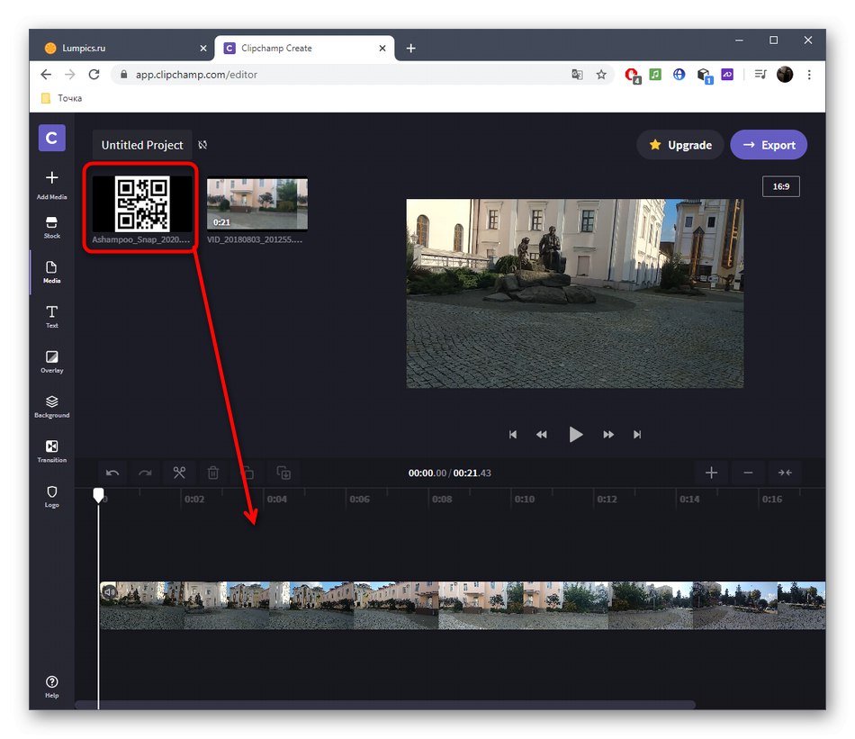 Przeniesienie obrazu na oś czasu po dodaniu go do projektu za pośrednictwem usługi online Clipchamp Create