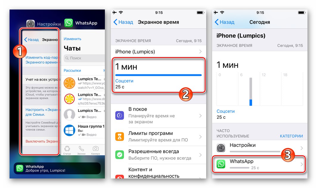WhatsApp за iPhone отидете на информация за пратеника в модула Screen Time