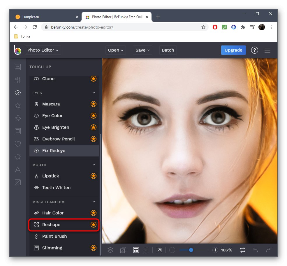 Избор на инструмент за намаляване на носа на снимката в онлайн услугата BeFunky