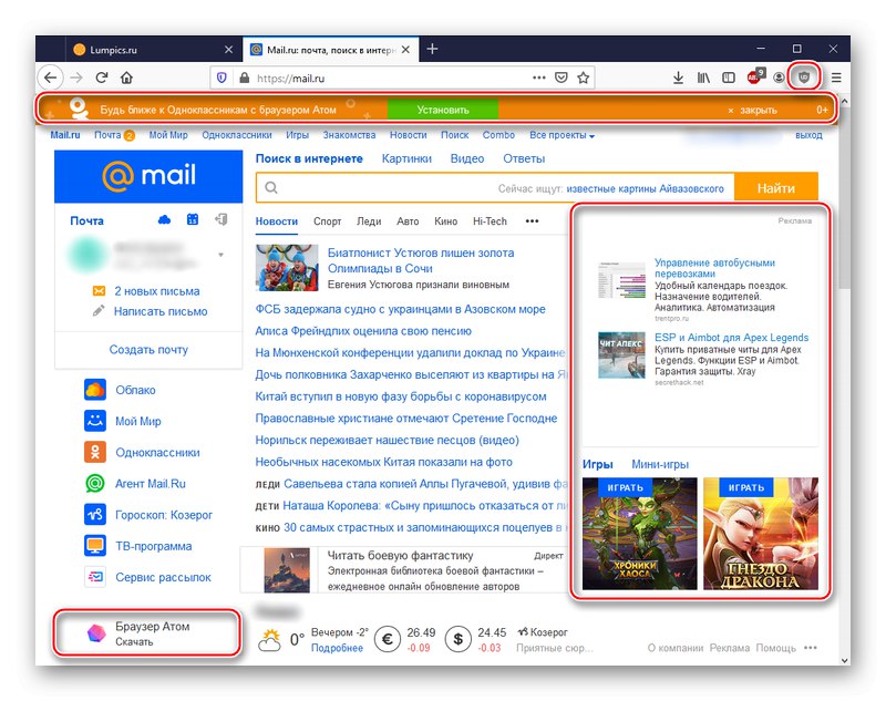 Mail.ru bez povoleného uBlock Origin v Mozilla Firefox