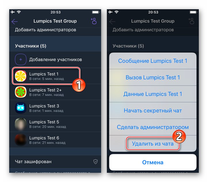 Елемент Viber за iPhone Премахване от чата в менюто на член на групата