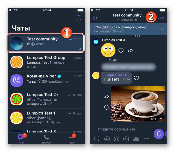 Viber за iPhone отидете в администраторската общност, извикайте опциите за чат