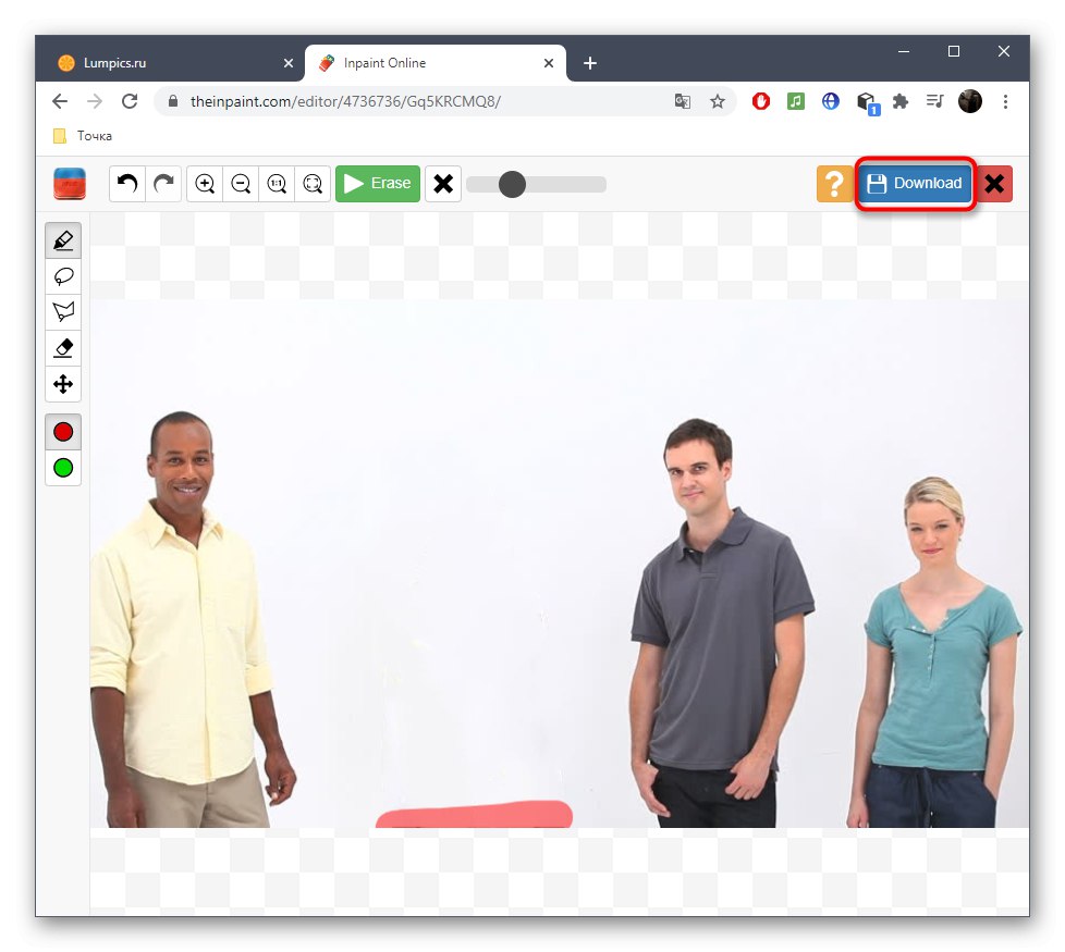 Po odstránení osoby prostredníctvom služby online Inpaint prepnete na uloženie fotografie