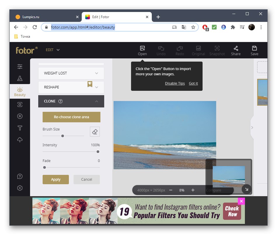 Výsledok odstránenia osoby z fotografie na zložitom pozadí v online službe Fotor