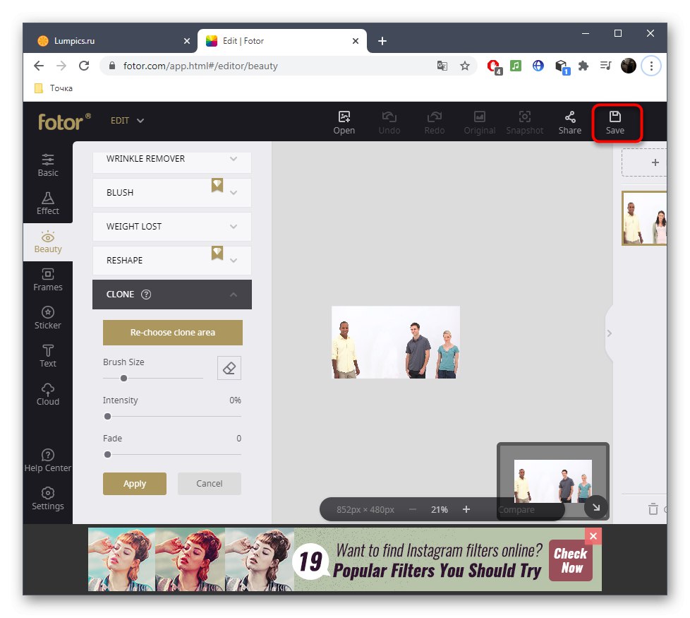 Po odstránení osoby prostredníctvom online služby Fotor prejdete na uloženie fotografie