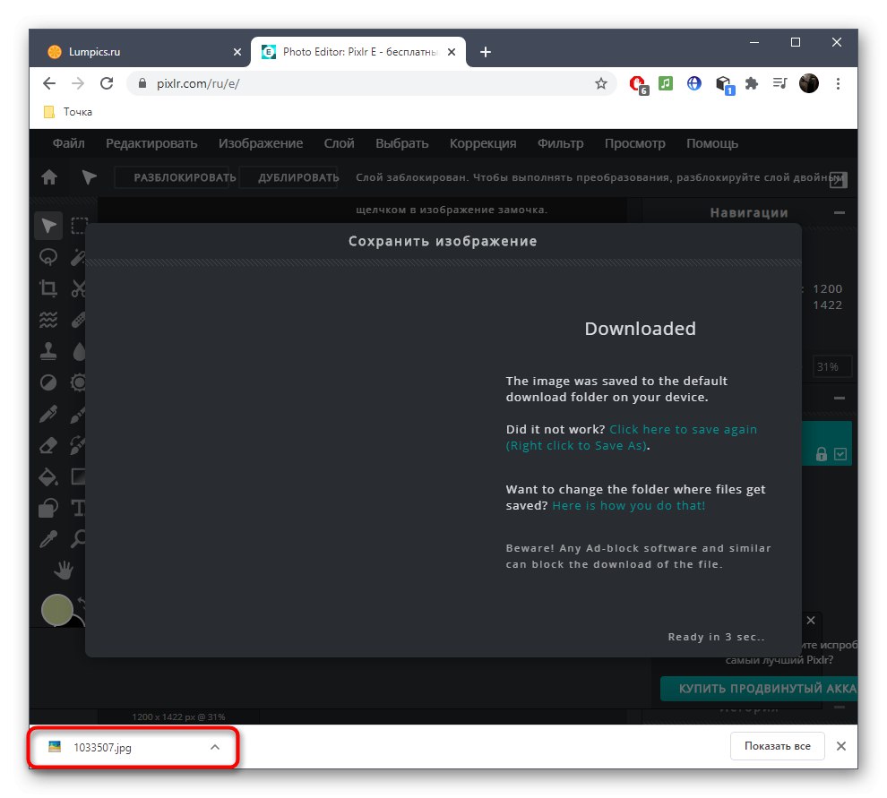 پس از حذف موارد اضافی با سرویس آنلاین PIXLR ، با موفقیت یک عکس ذخیره شد