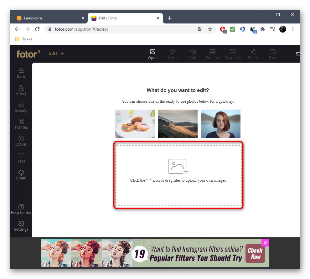 برای از بین بردن مقدار اضافی از طریق سرویس آنلاین Fotor ، به انتخاب تصویر بروید