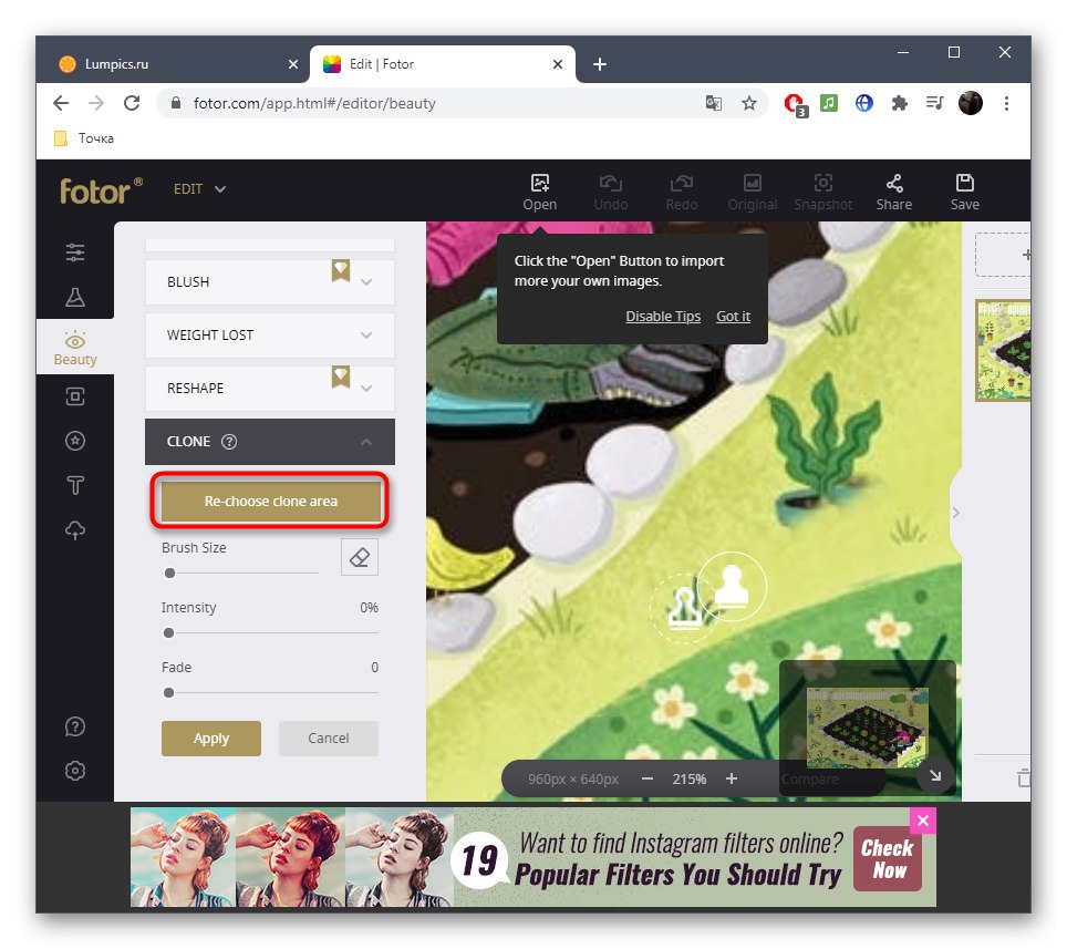 انتخاب منطقه دوم برای حذف اضافی با استفاده از سرویس آنلاین Fotor