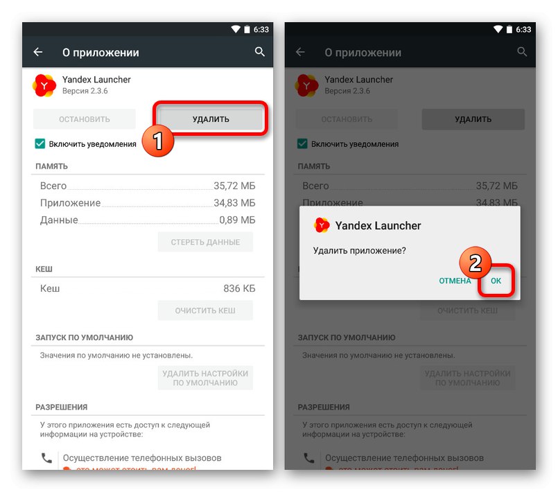 Proces odstraňovania Yandex.Loncher v Nastaveniach pre Android