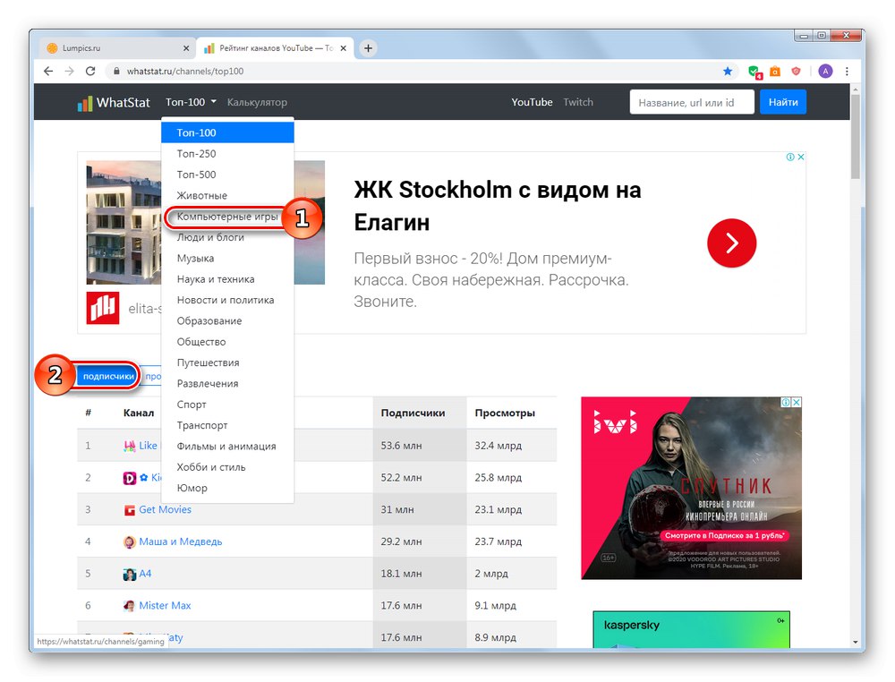 Вибір рубрики топа на WhatStat