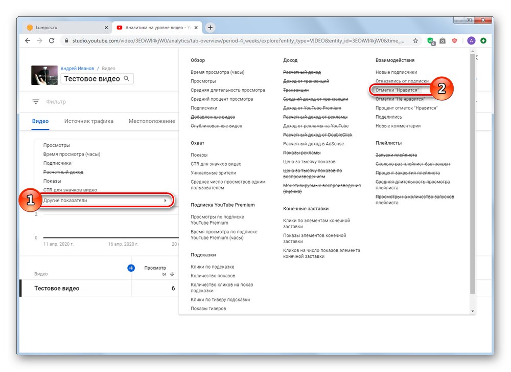 Izbira statistike všečkov v analitiki YouTube