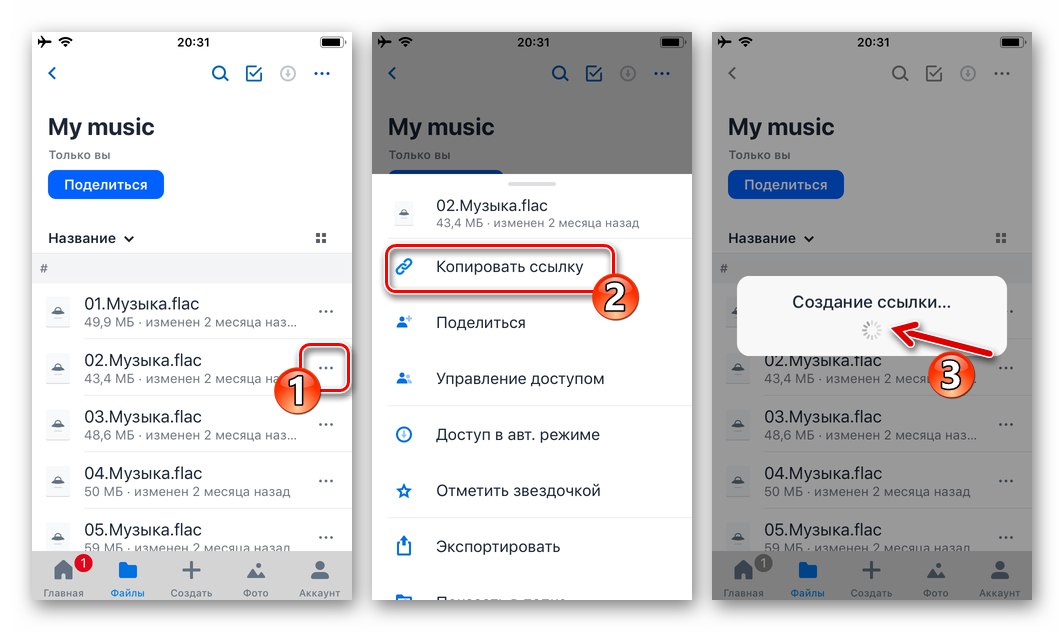 WhatsApp за iPhone Dropbox извиква менюто на аудио файла, записан в хранилището - елемент Копиране на връзка