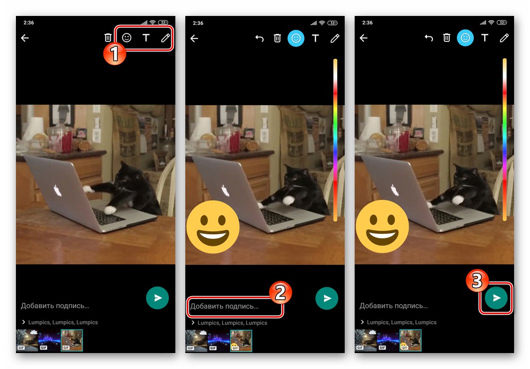 WhatsApp pre Android pridaním efektov a podpisu do gifu od správcu súborov, odoslaním do chatu