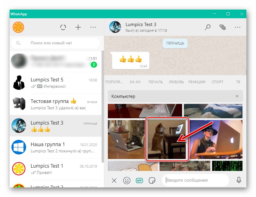 WhatsApp pre Windows s výberom súborov GIF na odosielanie prostredníctvom aplikácie Messenger v adresári GIPHY