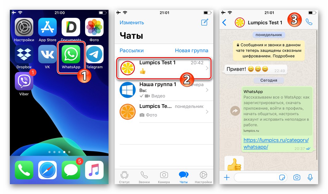 WhatsApp за iOS, стартиране на месинджъра, превключване към чат с получателя на видеото