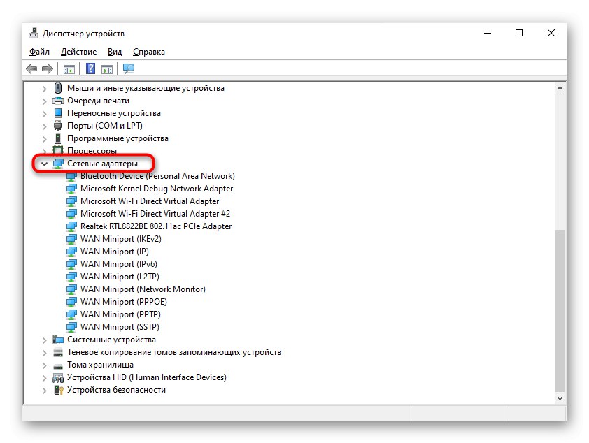 Oddelek Omrežni vmesniki v upravitelju naprav Windows 10 za omogočanje navideznega vmesnika