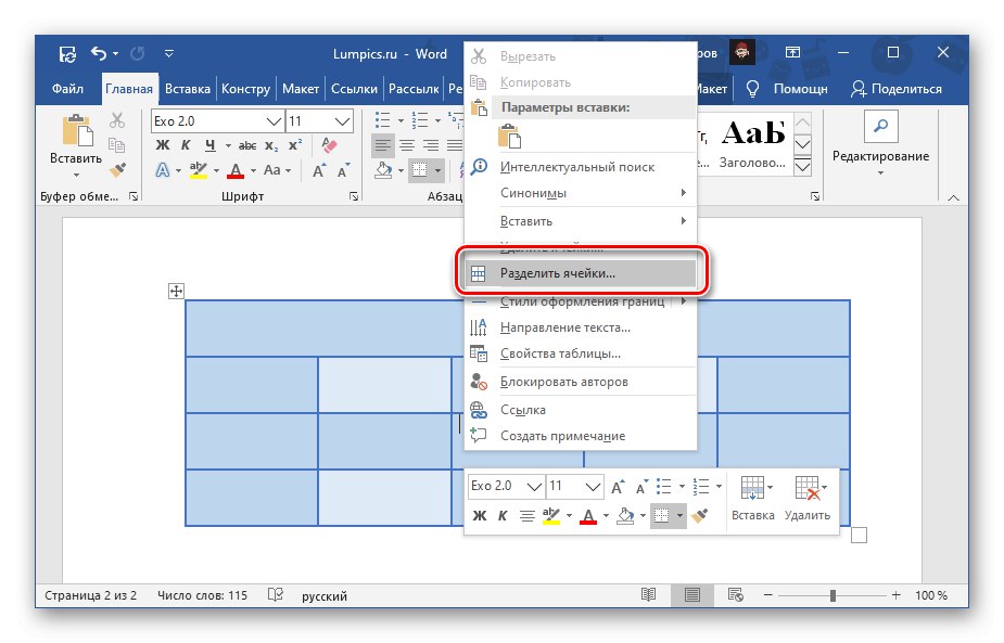 Výber položky Rozdeliť bunky v kontextovej ponuke programu Microsoft Word