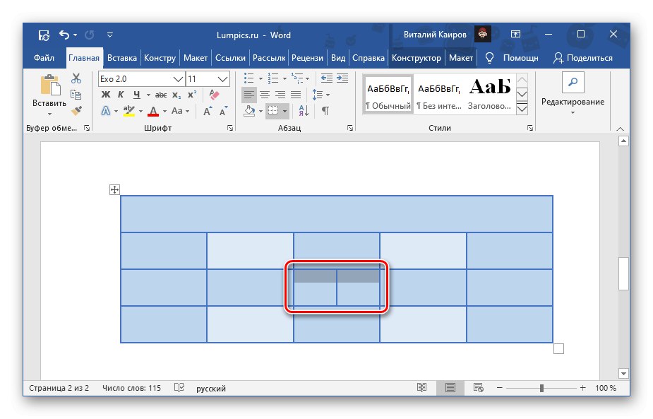 Výsledok rozdelenia bunky na dva stĺpce v aplikácii Microsoft Word