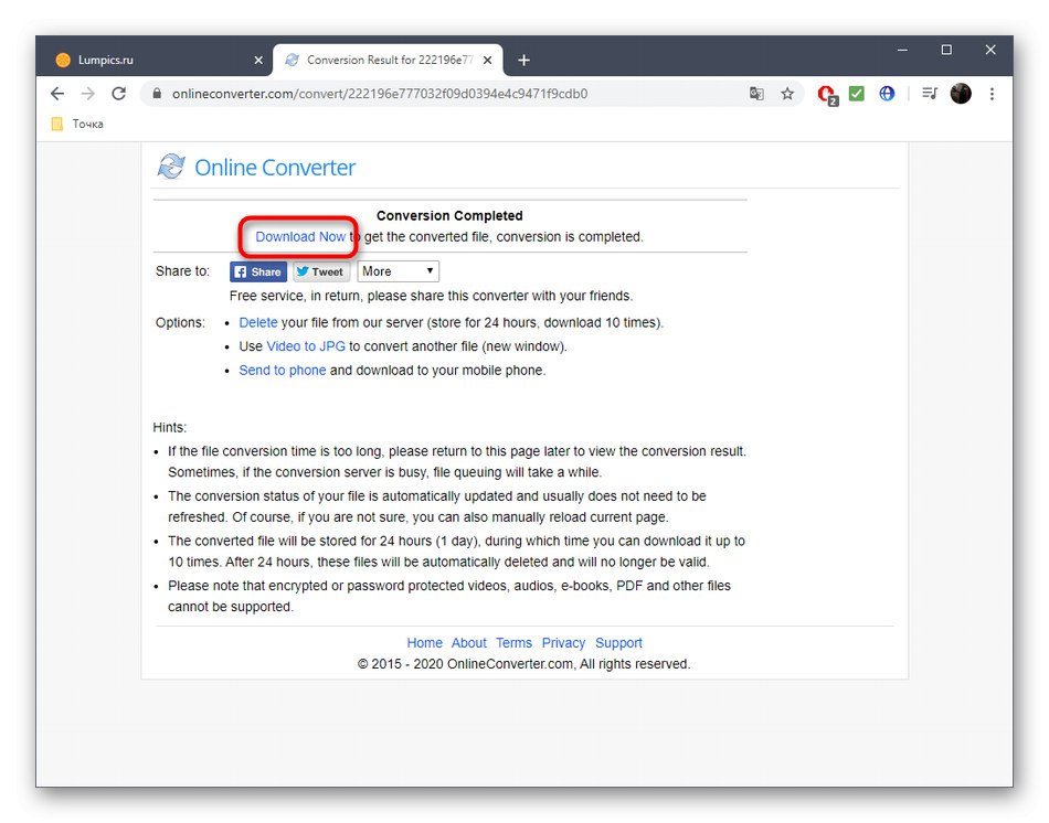 تنزيل الفيديو بعد تقسيمه إلى إطارات عبر خدمة Online Converter عبر الإنترنت