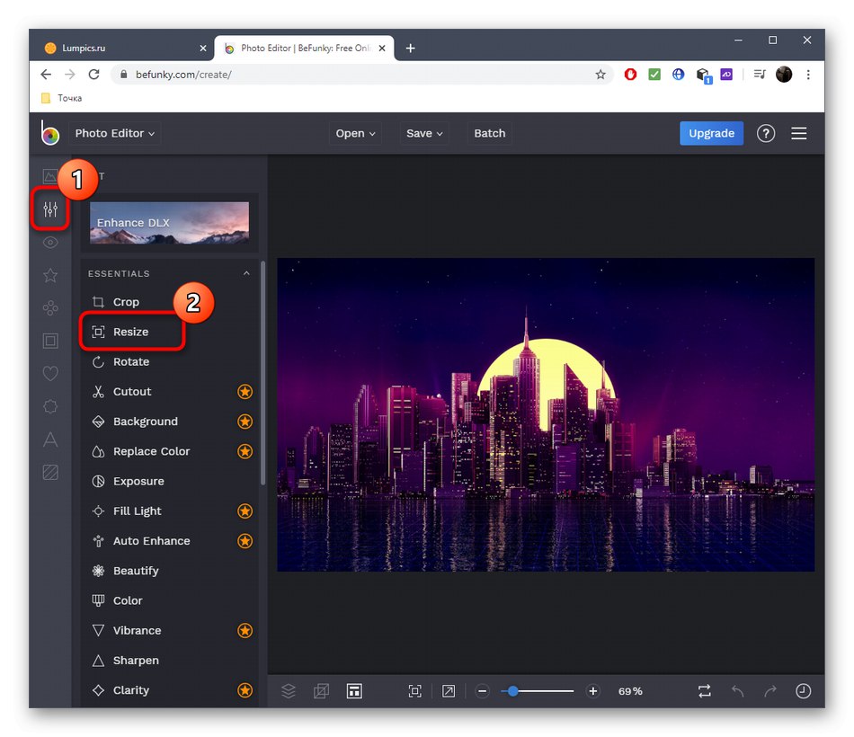 Избор на инструмент за разтягане на изображение чрез онлайн услугата BeFunky