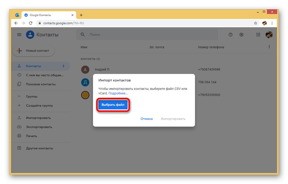 Výběr souboru kontaktů pro import do Google
