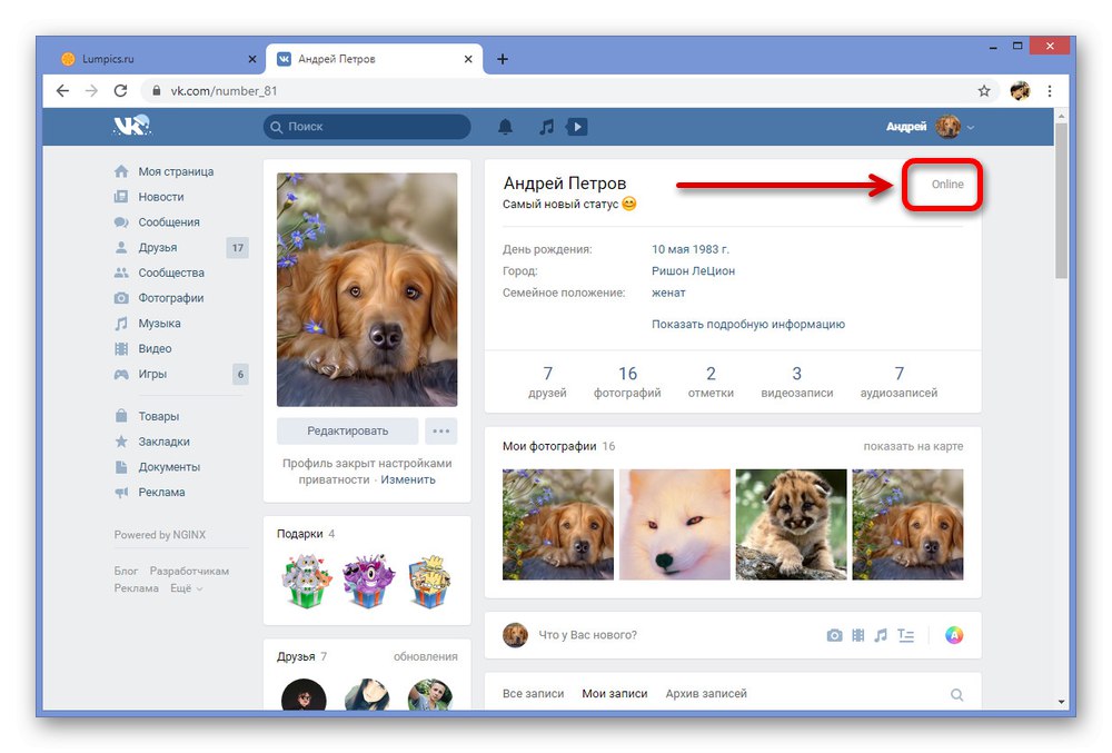 Преглед на индикатора онлайн на уебсайта на ВКонтакте