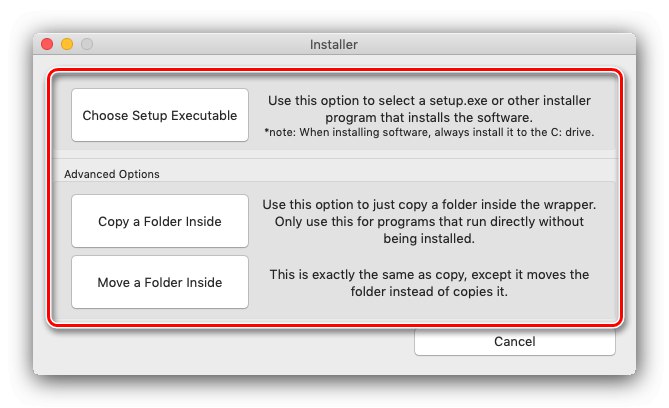 Opcje dodawania aplikacji Wineskin do użytku w systemie macOS