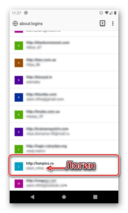 Izbira spletnega mesta za ogled gesla v brskalniku Mozilla Firefox v sistemu Android