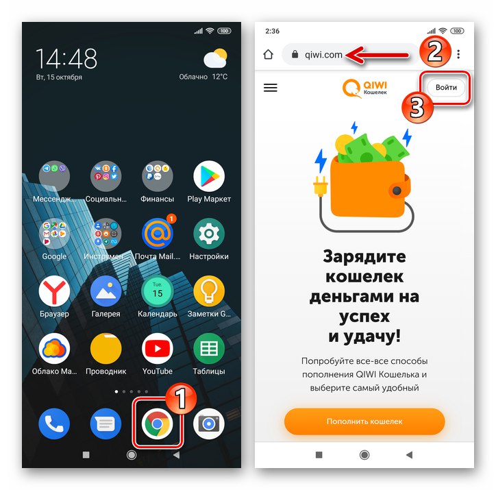 انتقل QIWI Wallet إلى موقع الخدمة من هاتف ذكي ، زر تسجيل الدخول